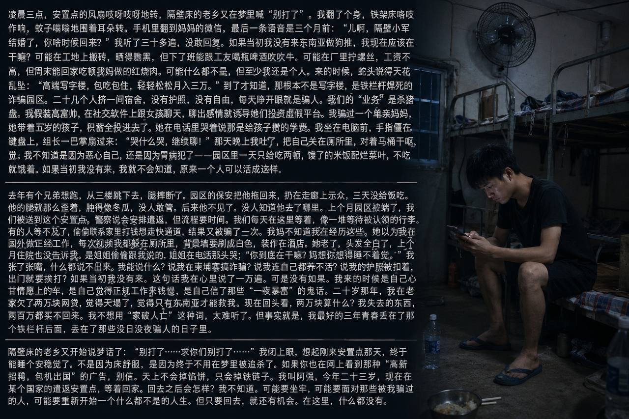凌晨三点,安置点的风扇吱呀吱呀地转,隔壁床的老乡又在梦里喊“别打了”。